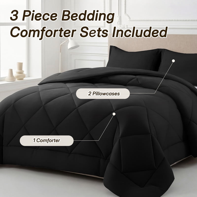3 Pieces Twin Size Comforter Set, All Season Lightweight Breathable Bedding Set with 1 Down Alternative Comforter and 2 Pillowcases, Black