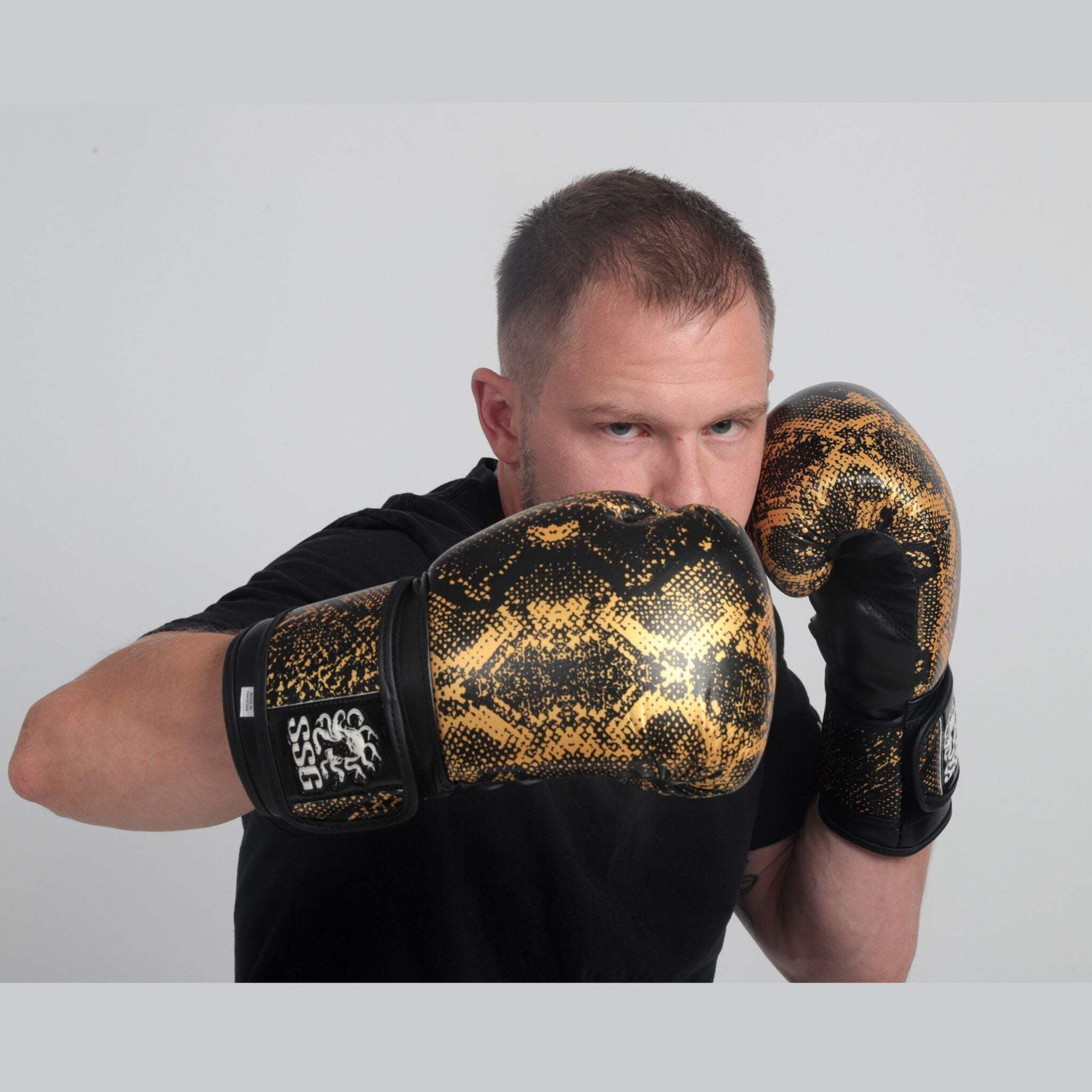 StoneStrikeGear Boxing Gloves – 12oz, Unisex, Synthetic Leather Training Gloves for Boxing, Sparring, & Bag Work – Midnight Strike Black/Gold