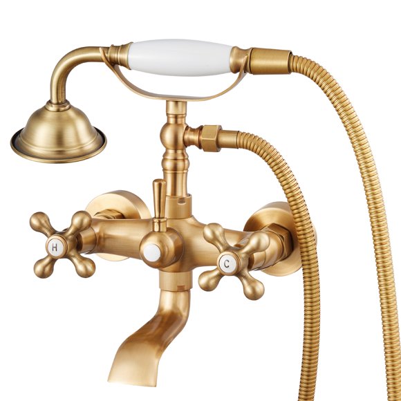 VEVOR Clawfoot Tub Faucet, Wall Mount Bathtub Faucets with Handheld Shower, Vintage Brushed Gold Clawfoot Tub Filler Faucet Shower Kit with Adjustable Swing Arms