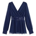 thumbnail image 5 of TiaoBug Womens Wrap V Neck Long Sleeve Peplum Top Sequin See-Through Ruffled Dressy Chiffon Blouse Dark Blue XXL, 5 of 7