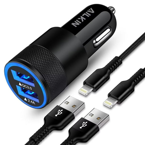 AILKIN USB Car Charger,Dual USB Car Charger Adapter with 2Pack Charging Cable 6ft Car Socket Cigarette Lighter QC3.0/2.4A Compatible with iPhone 14/13/12/11 Car Charger（Black)