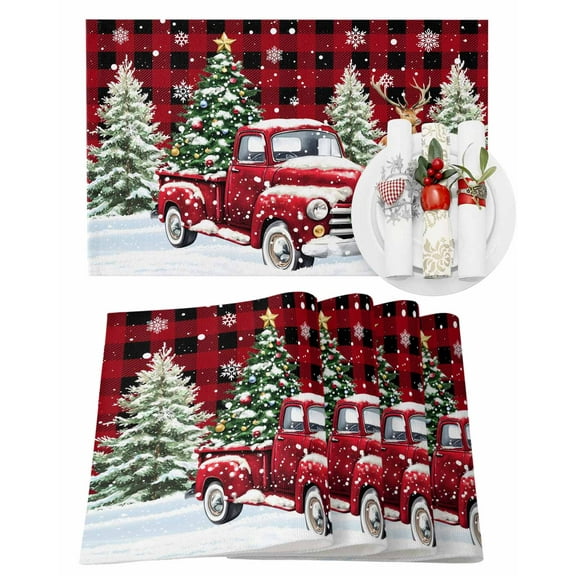 Christmas Red Truck Placemats Set of 2 Winter Car Deer Xmas Trees Snow Red Plaid Heat Insulation Washable Place Mats, Rustic Non-Slip Table Mats for Dining Table Party Kitchen Decor,13x19 Inch