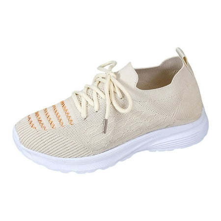 

SEMIMAY Fashion Spring And Summer Women Sports Shoes Flat Bottom Lightweight Fly Woven Mesh Breathable Embroidered Stripes Lace Up Comfortable Beige