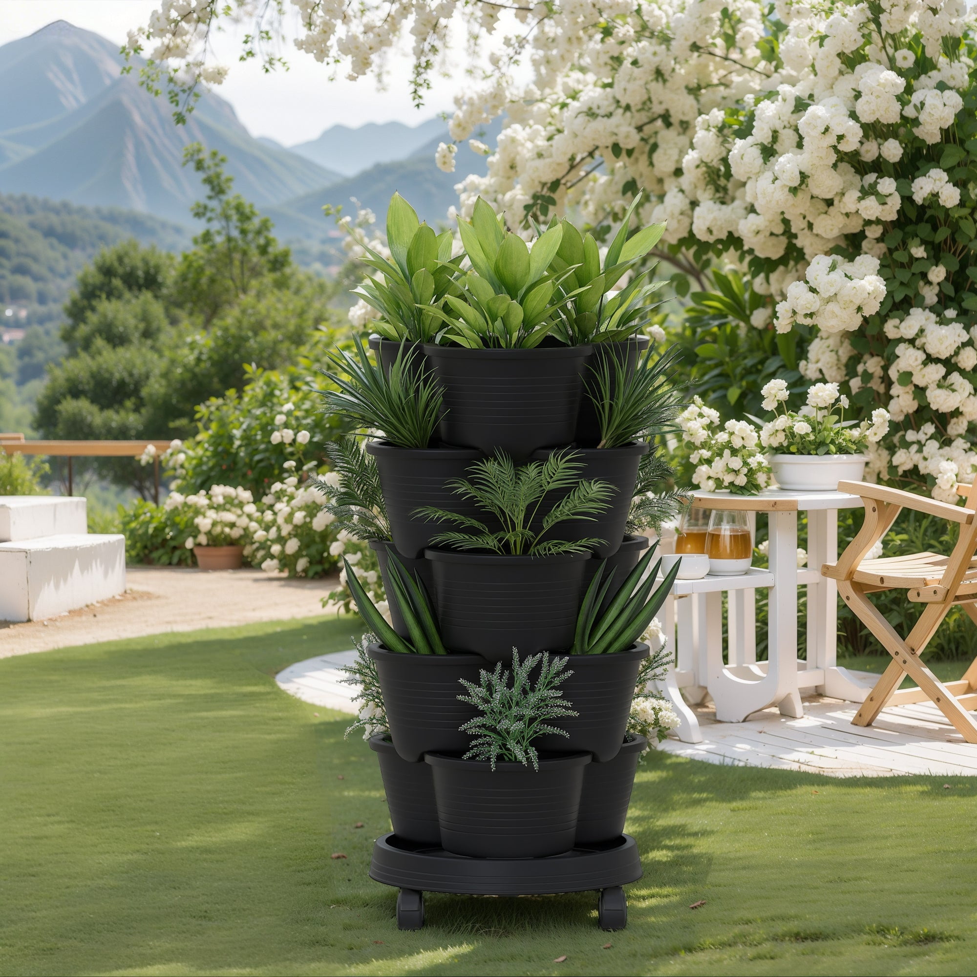 VECELO Stackable Planters 5 Tier Vertical Gardening Planter, Stackable Garden Tower Indoor Outdoor Pot For Strawberries, Flowers, Herbs, Vegetables With Removable Wheels, Black