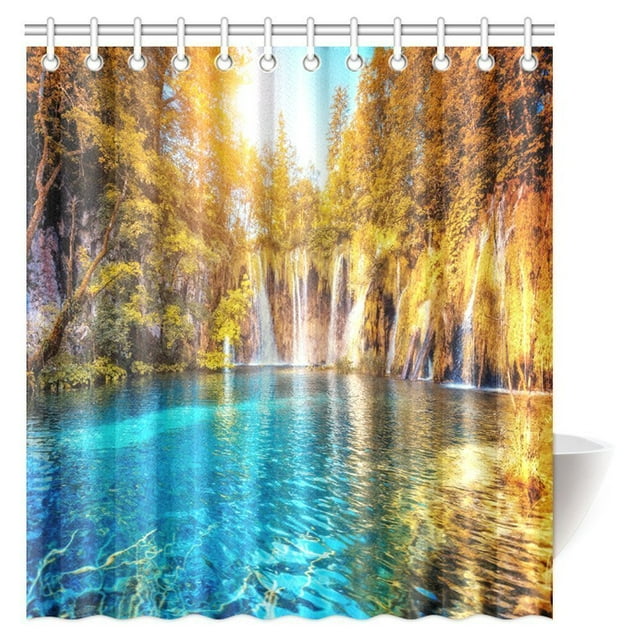 BSDHOME Collection de Décoration Maison au Bord du Lac, Coucher de Soleil sur Rivière Calme Herbe Saule Arbres Réflexion Herbe Lumière Nuages Design Rideau de Douche avec Crochets, 66 X 72 Pouces