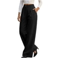 thumbnail image 3 of Straight Leg Corduroy Pants for Women, Relaxed Fit Pants with Elastic Waist and Side Pockets, Vacation Casual Outdoor Wear | VerBelle,Black S, 3 of 9