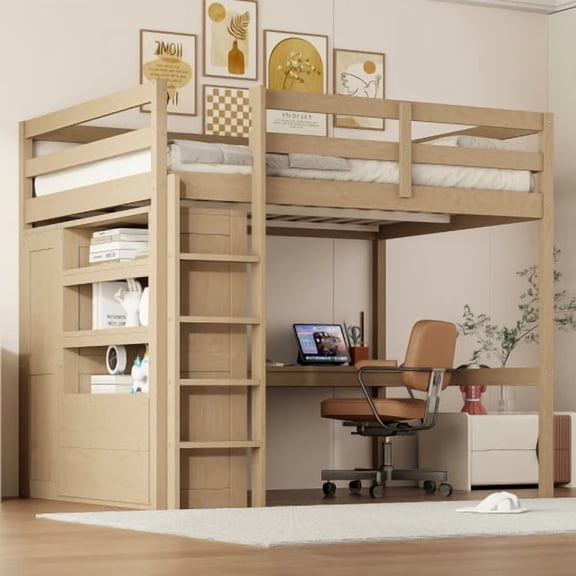 Full Size White Loft Bed with Wardrobe & Desk, Solid Wood Storage Bed with Shelves and Drawers, Space Saving Bed for Bedroom, Walnut