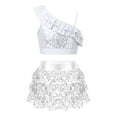 thumbnail image 1 of TiaoBug Kids Girls Gymnastic Dance Outfits Sequins Asymmetrical Shoulder Ruffle Crop Top with Skirted Shorts Set Silver 10, 1 of 5