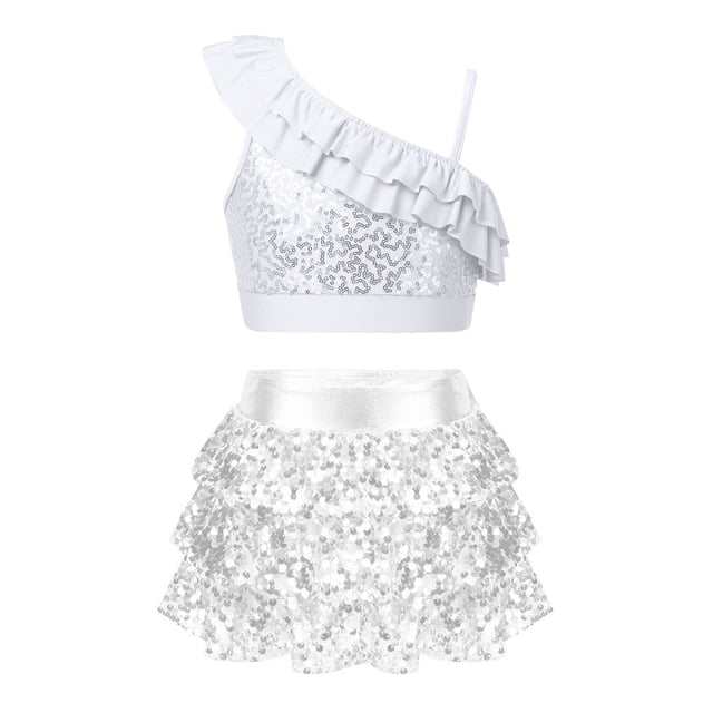 TiaoBug Kids Girls Gymnastic Dance Outfits Sequins Asymmetrical Shoulder Ruffle Crop Top with Skirted Shorts Set Silver 10