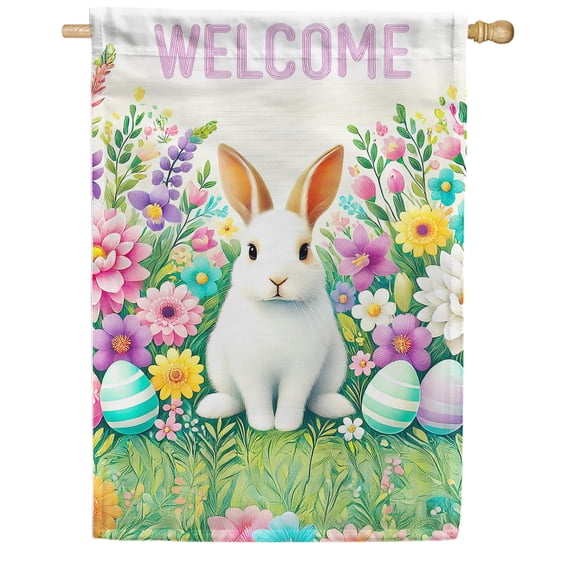 America Forever Welcome Spring Bunny House Flag, 28 x 40 inch Double Sided, Easter Rabbit Flower Banner, Egg Celebration Outdoor Yard Decorations