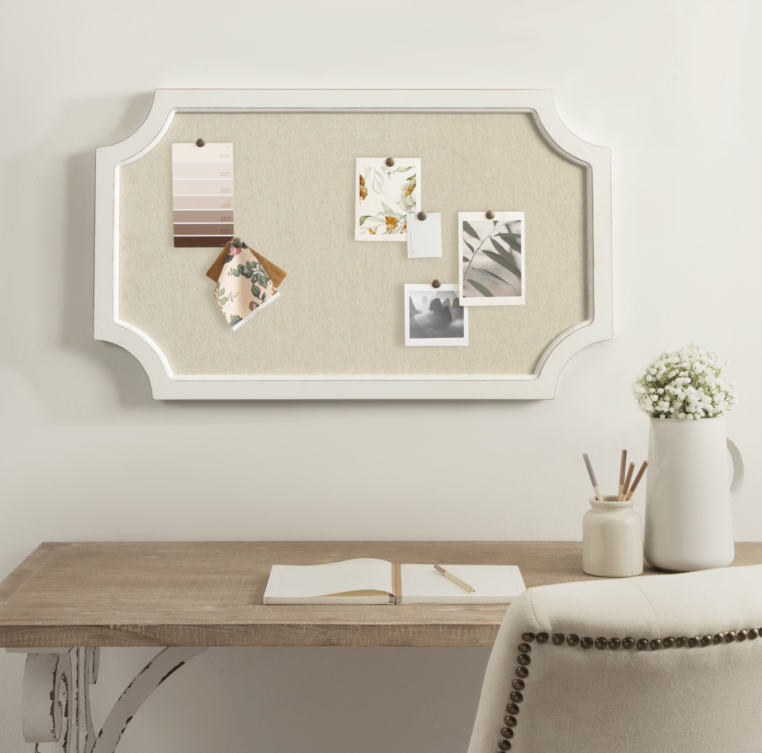 Hogan Framed Scalloped Decorative Wall Pinboard, White, 18 x 30, Rustic Modern Farmhouse Bulletin Board for Wall Organization and Decorative Displays