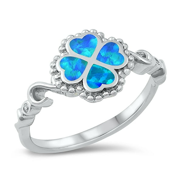 Blue Simulated Opal Beaded Four Leaf Clover Swirl Ring Sterling Silver Size 9
