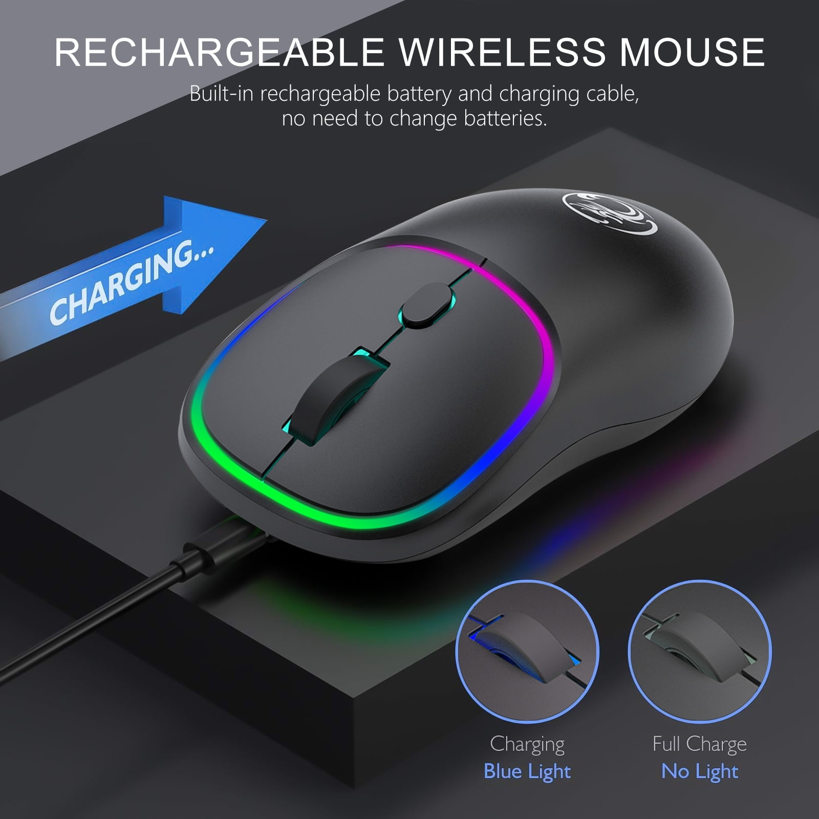 TSV Wireless Mouse for Laptop, 2.4G Rechargeable Slim RGB Computer Mouse, Portable Ergonomic Silent Optical Mice for Windows XP / Vista / 7 / 8 /