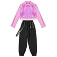 thumbnail image 3 of Alvivi Girls 2pcs Sparkle Jazz Hip Hop Dance Outfit Long Sleeve Crop Top with Cargo Pants Set Pink 12, 3 of 5