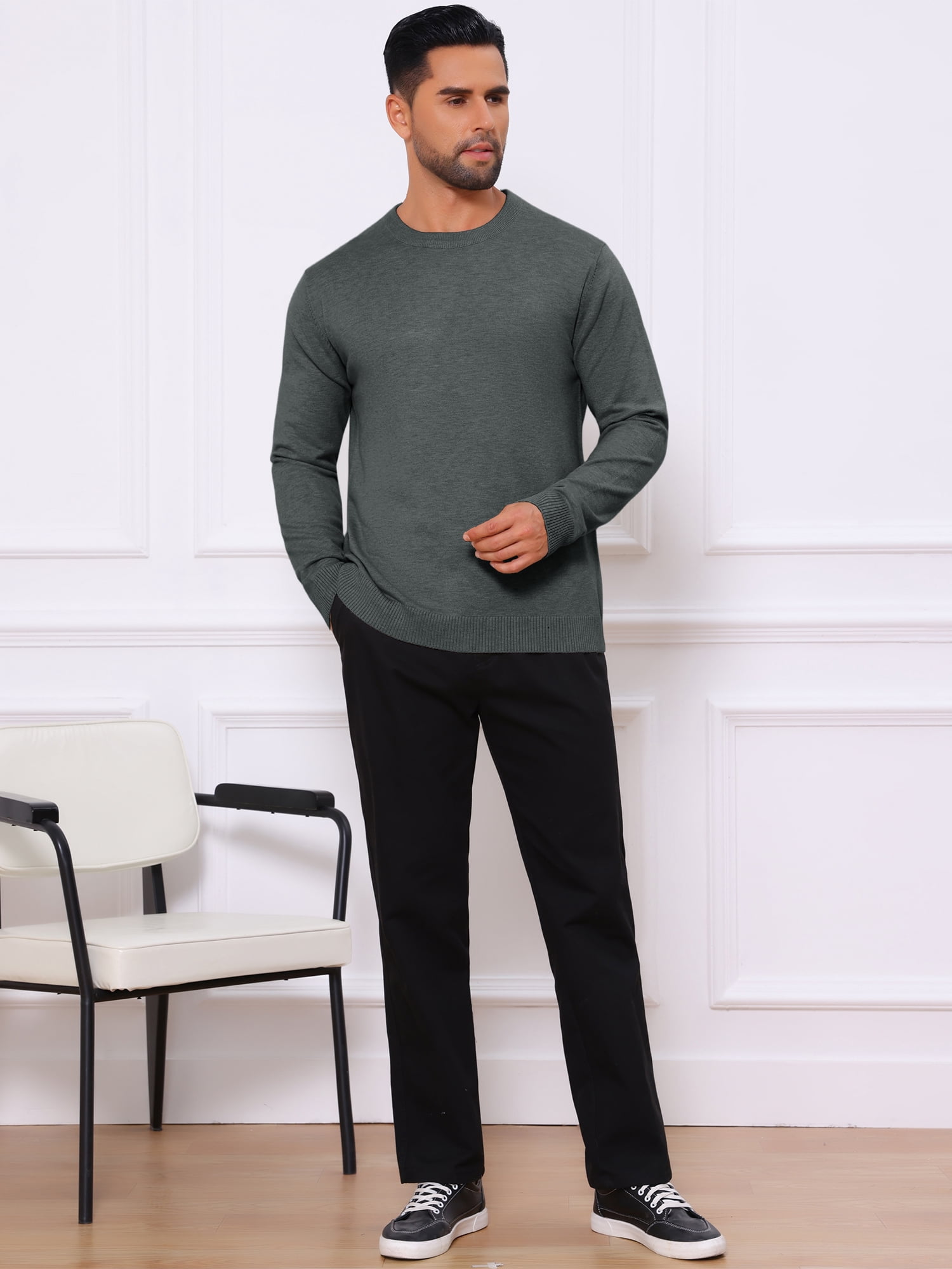 DARING DIVA Men's Solid Crew Neck Long Sleeve Soft Knit Pullover Sweater L Dark Gray