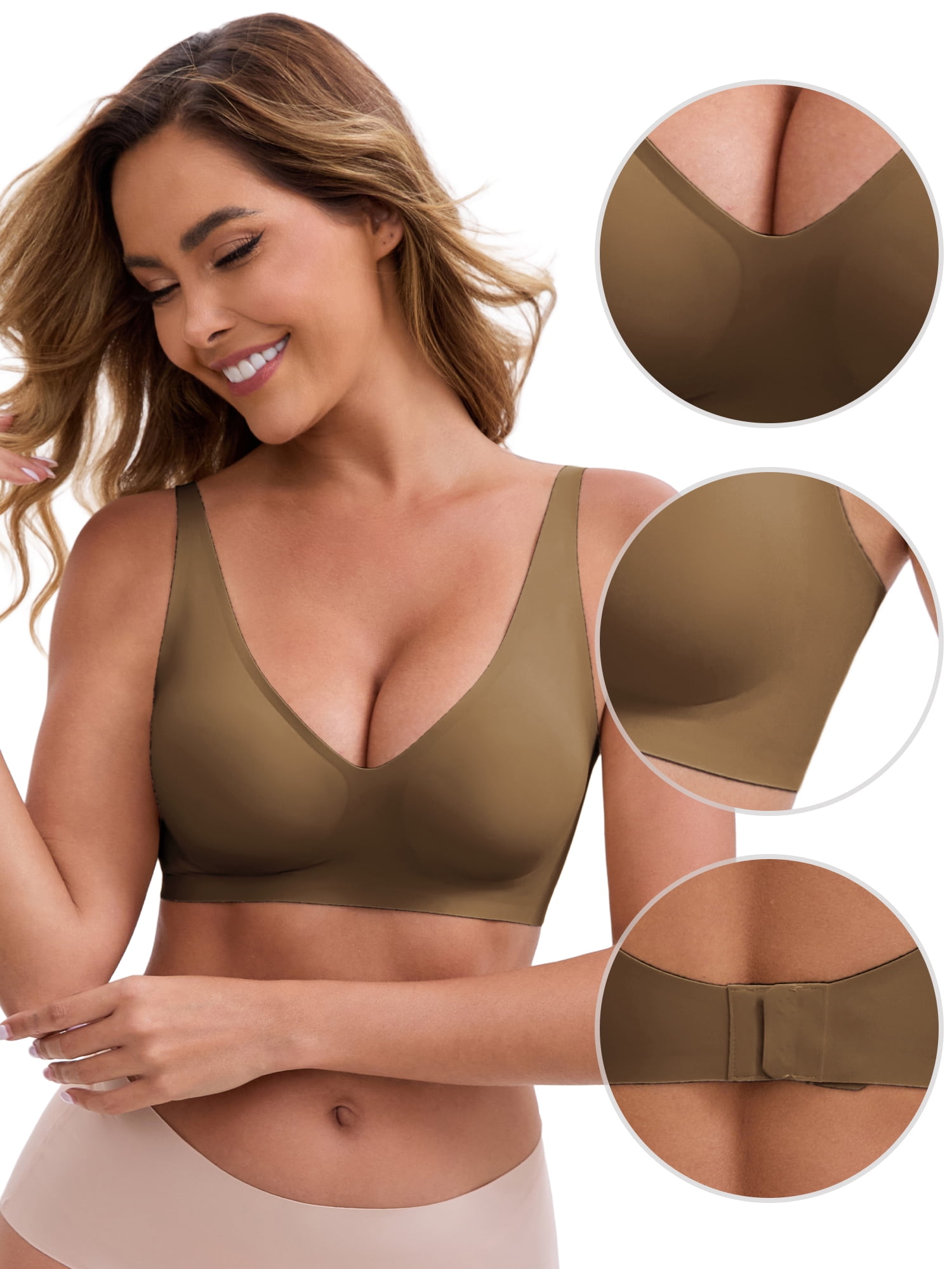 DARING DIVA Women's Deep V-Neck Wireless Adjustable Spaghetti Straps Bra XL Beige