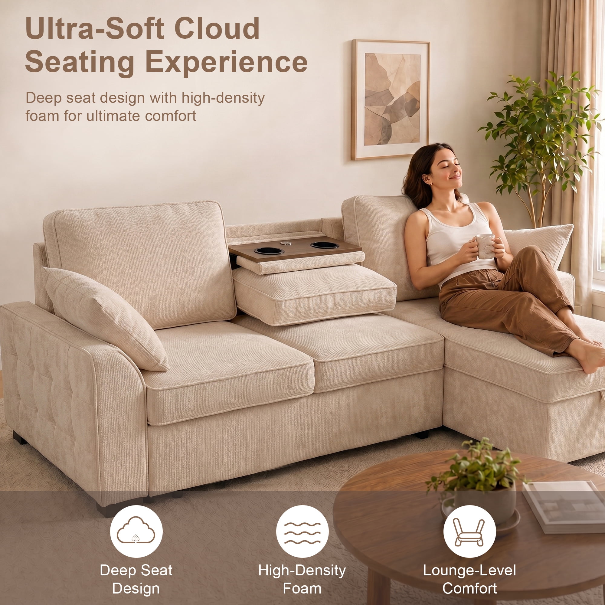Aukfa 86" L-Shaped Convertible Sectional Sleeper Sofa Bed with USB & Cup Holders Console, Storage Chaise for Living Room, Chenille, Beige