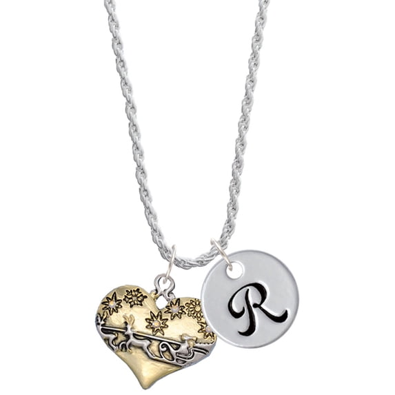 Delight Jewelry Two-tone Large Flying Santa on Heart Silvertone Script Initial Disc - R - Charm Necklace, 20"+3"