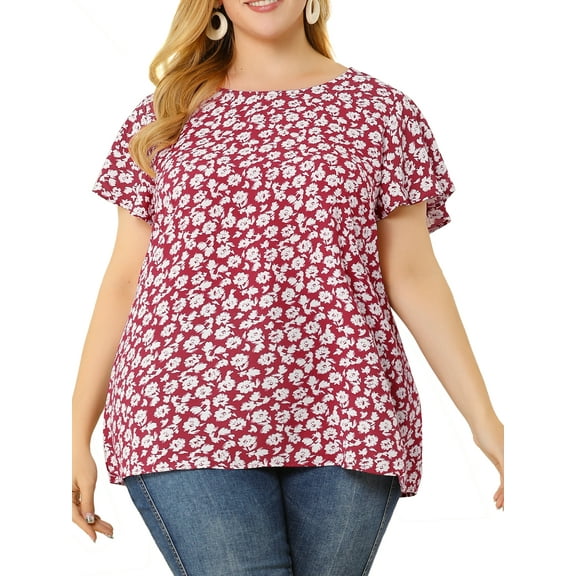 Agnes Orinda Women's Plus Size Retro Ditsy Floral Short Sleeve Round Neck Blouses