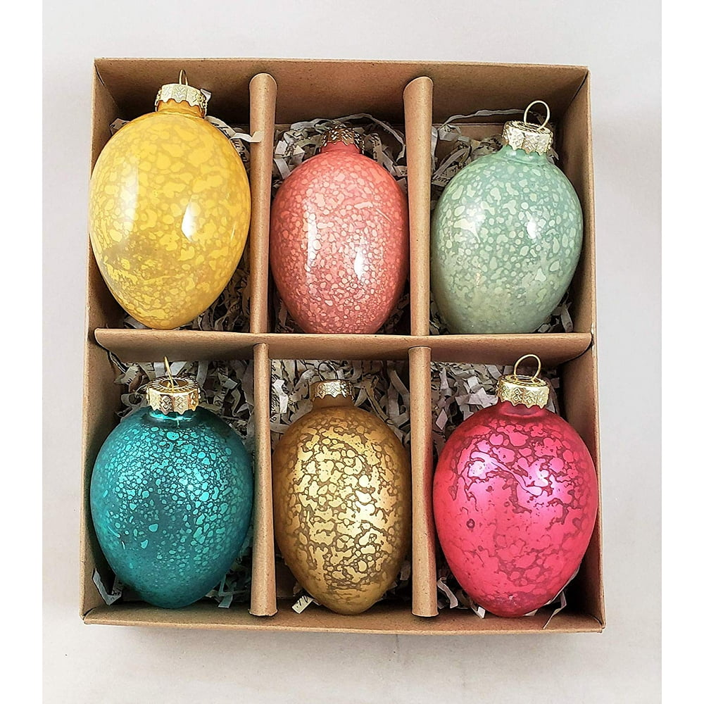 Easter Egg Set of 6 Glass Ornaments Antique Crackle Finish Boxed Set