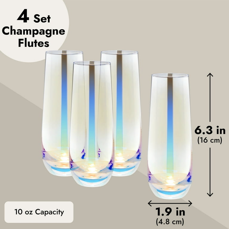 4 Pack Iridescent Champagne Flutes, Stemless Wine Glasses for