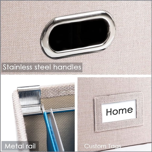 File Organizer Box - Set of 4 Collapsible Decorative Linen Filing Storage Hanging File Folders with Lids Office Cabinet Letter Size Light Grey (14x9.3x10.8 inch)