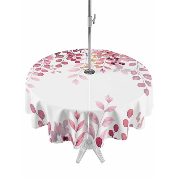Outdoor Tablecloth with Umbrella Hole, Pink Eucalyptus Leaves Spillproof Waterproof Outdoor Table Cover, Summer Botanical Watercolor Patio Tablecloths for Party/Garden/Picnic, Round 60 inch