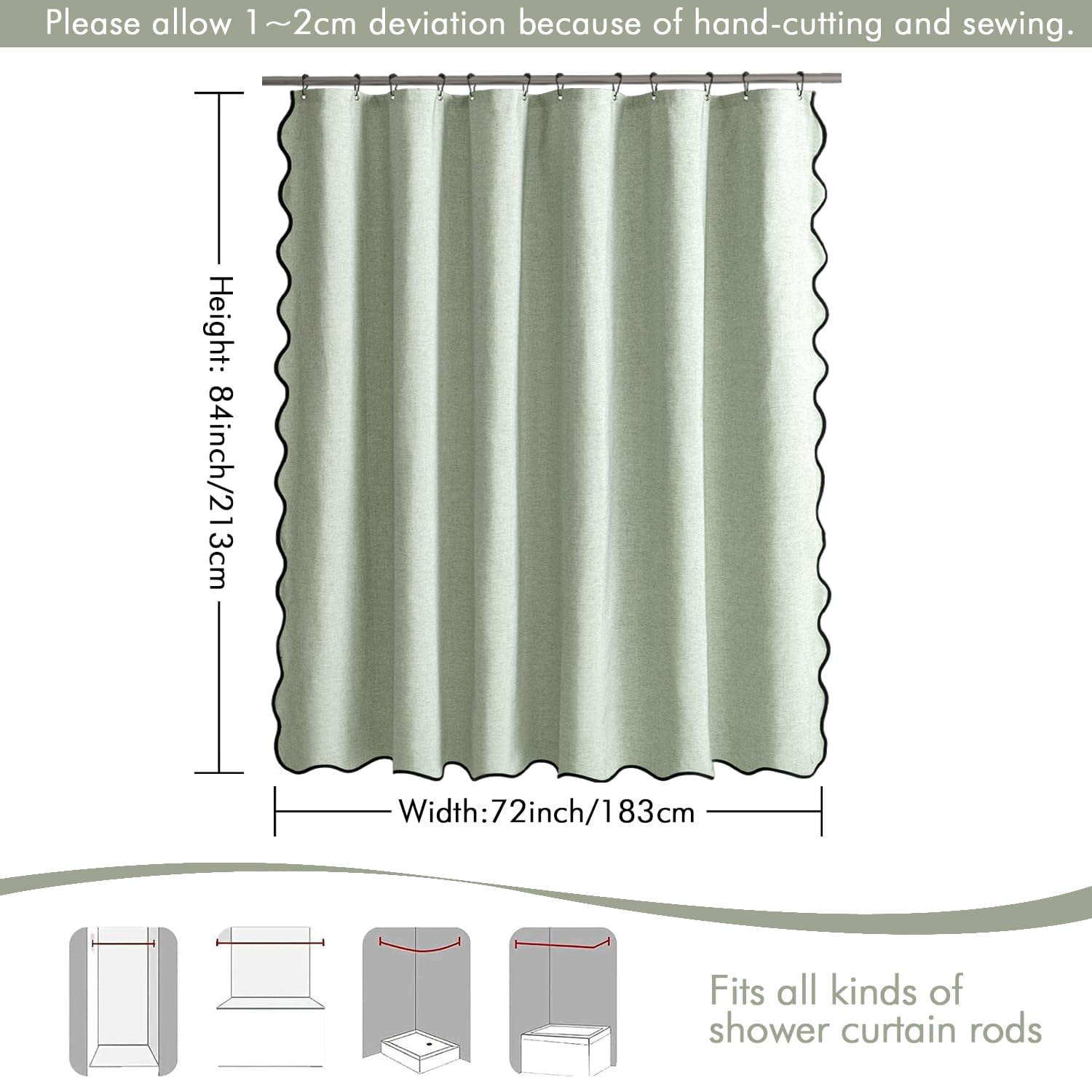 qtess A84" Long Scalloped Shower Curtain Linen Textured with 12 Metal Hooks Cute Extra Long Heavy Duty Washable Waterproof Cloth Shower Curtains with Black Border for Bathroom Hotel Bathtub,Khaki