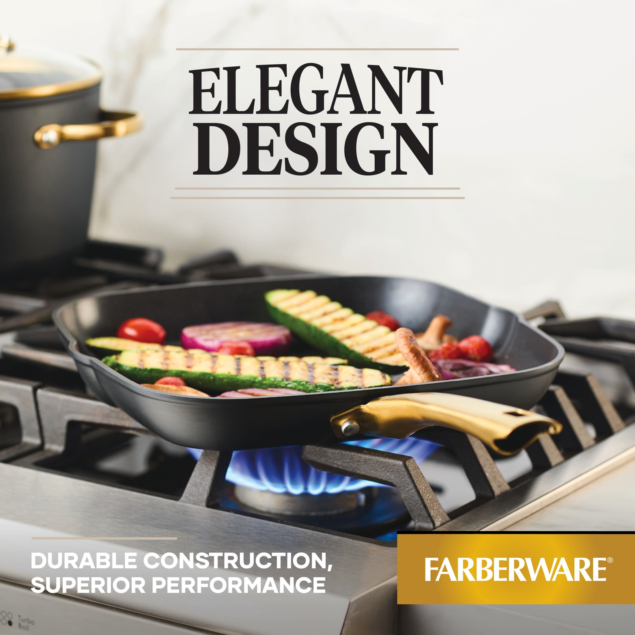 Farberware Forged Induction 11 Inch Ceramic Nonstick Square Grill Pan, Dishwasher Safe and Oven Safe to 500°F, Black
