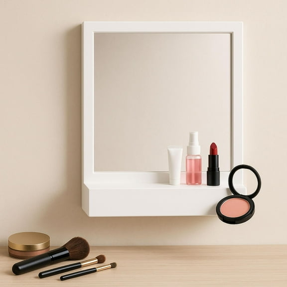 Makeup Mirror Shelf and Wall Mounted Vanity Organizer with Storage Ledge Minimalist White Design
