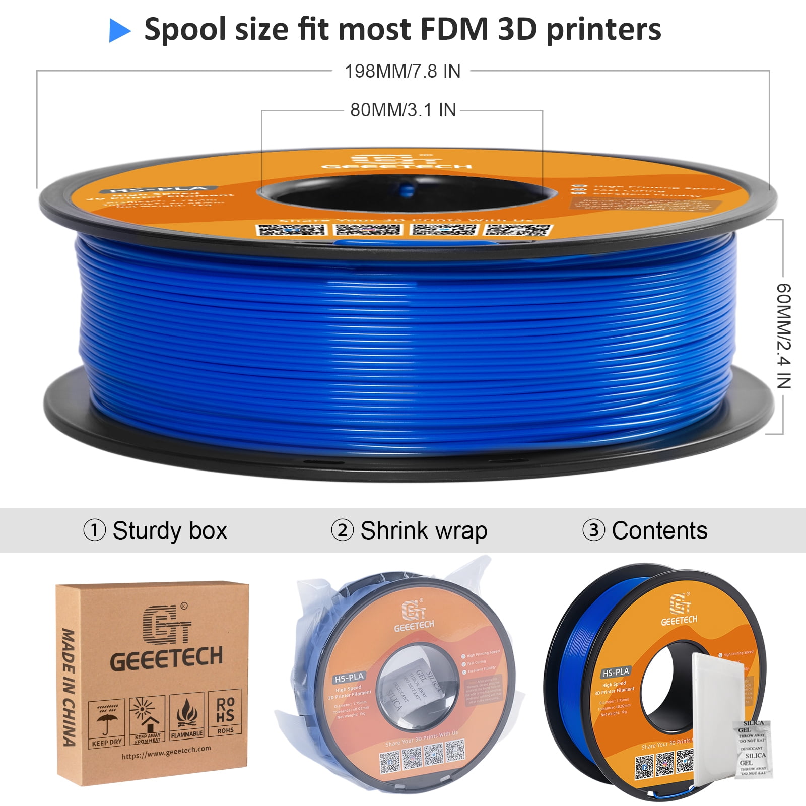 Geeetech 1.75mm PLA 3D Printer Filament, 10kg Spool (22lbs), Dimensional Accuracy +/- 0.03mm,Blue