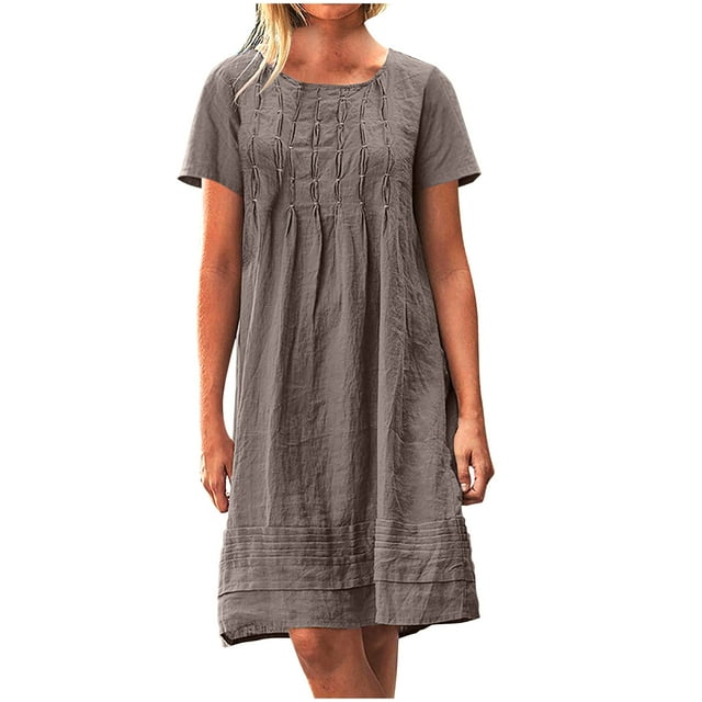 LOVZFMLL Robes pour Femmes Été Tendance Manches Courtes Robes Amples Confortables Rides Plage Décontractée Longueur Genou Robe Grise A L