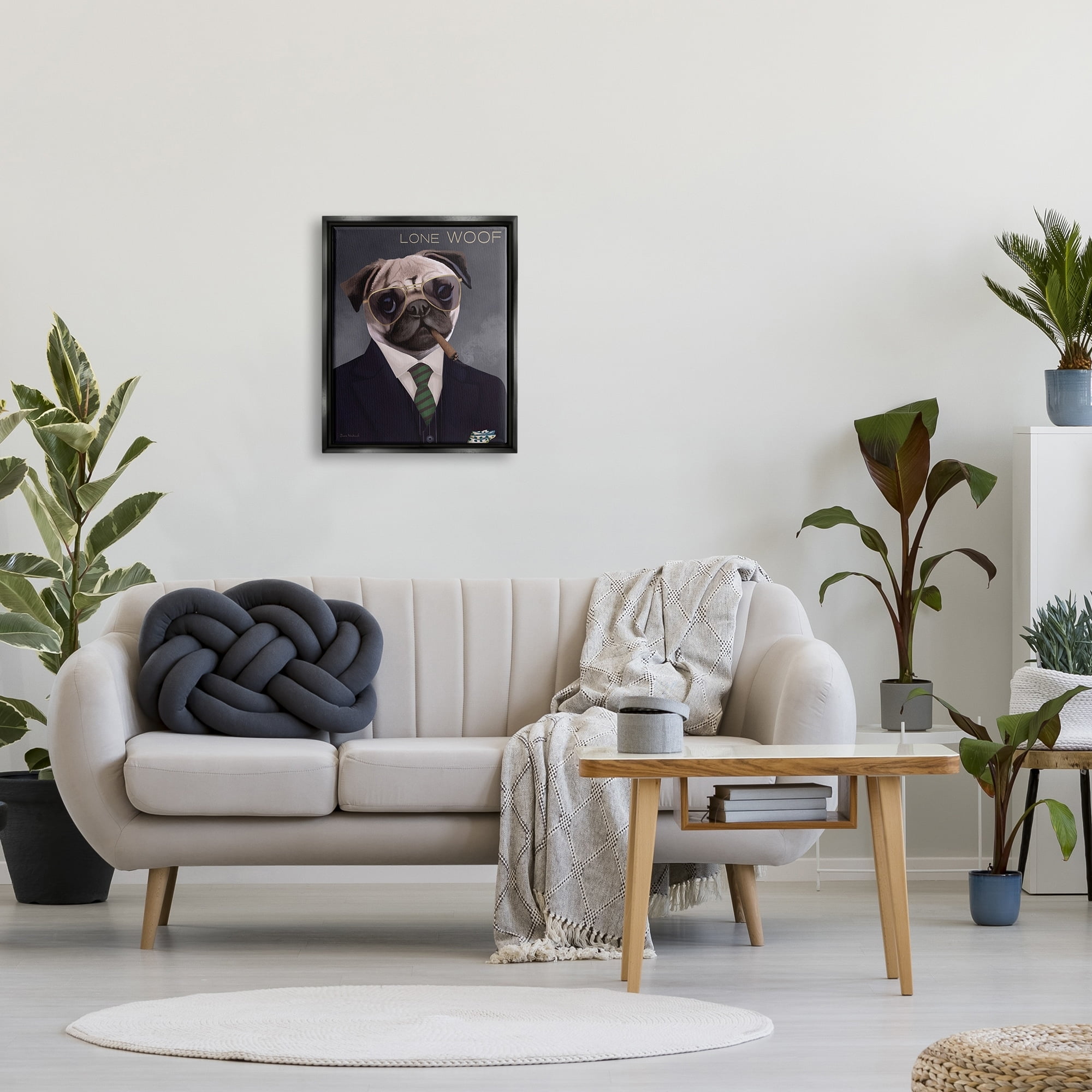 Stupell Industries Lone Woof Pug Dog Smoking Cigar Necktie Graphic Art Jet Black Floating Framed Canvas Print Wall Art, Design by Diane Neukirch