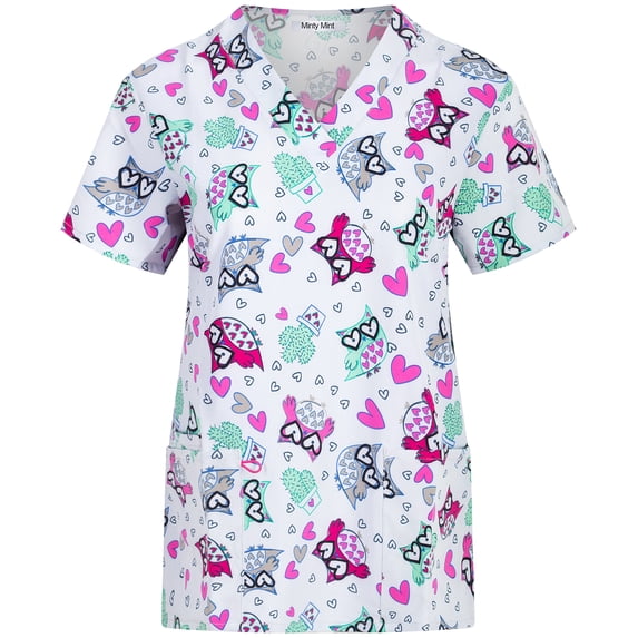 Minty Mint, Women's, Stretch Printed V-Neck Medical Scrub Top, Light Blue, M