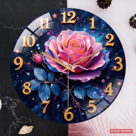 Enchanted Nebula Rose Wall Clock | Vibrant Mystical Floral Wall Decor | Quiet Dreamy Space Clock
