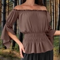 thumbnail image 5 of EchfiProm Fall Shirts for Women 3/4 Sleeve Off Shoulder Tops Solid Blouse Batwing Sleeve Coffee Boat Neck Womens, 5 of 9