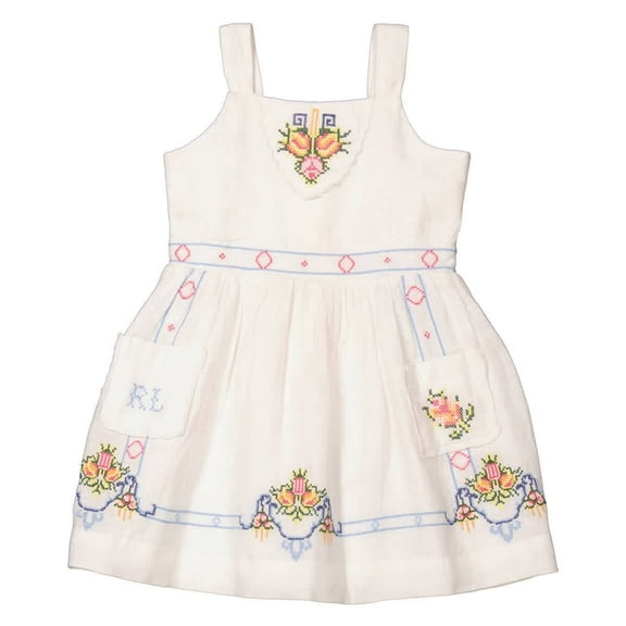 Polo Ralph Lauren Girls White Floral Embroidered Linen Dress, Size 6Y