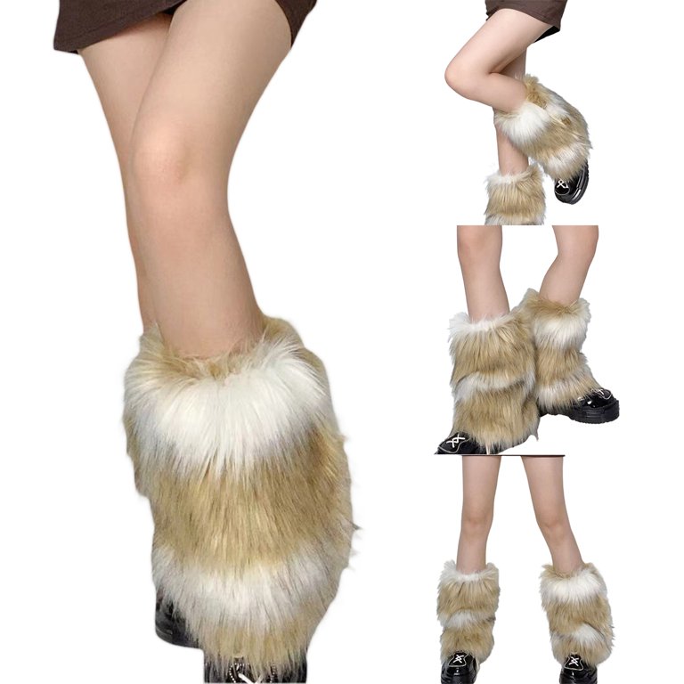 Lady Faux Fur Hem Knit Leg Warmers Winter Warm Knee Leggings Boots