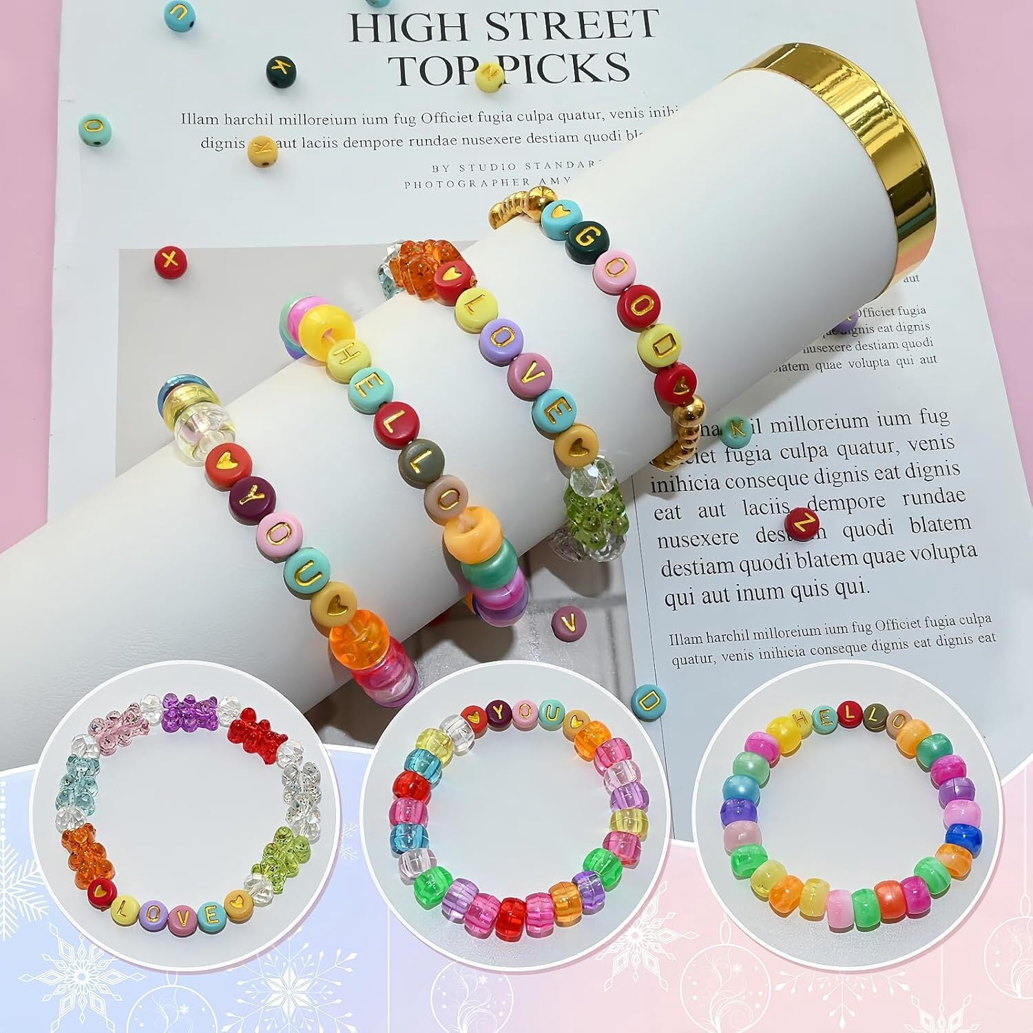 1400 Pieces Round Alphabet Letter Beads A-Z 4x7mm Black Acrylic with Colorful Letter and Crystal Line for Jewelry Making, Style 6