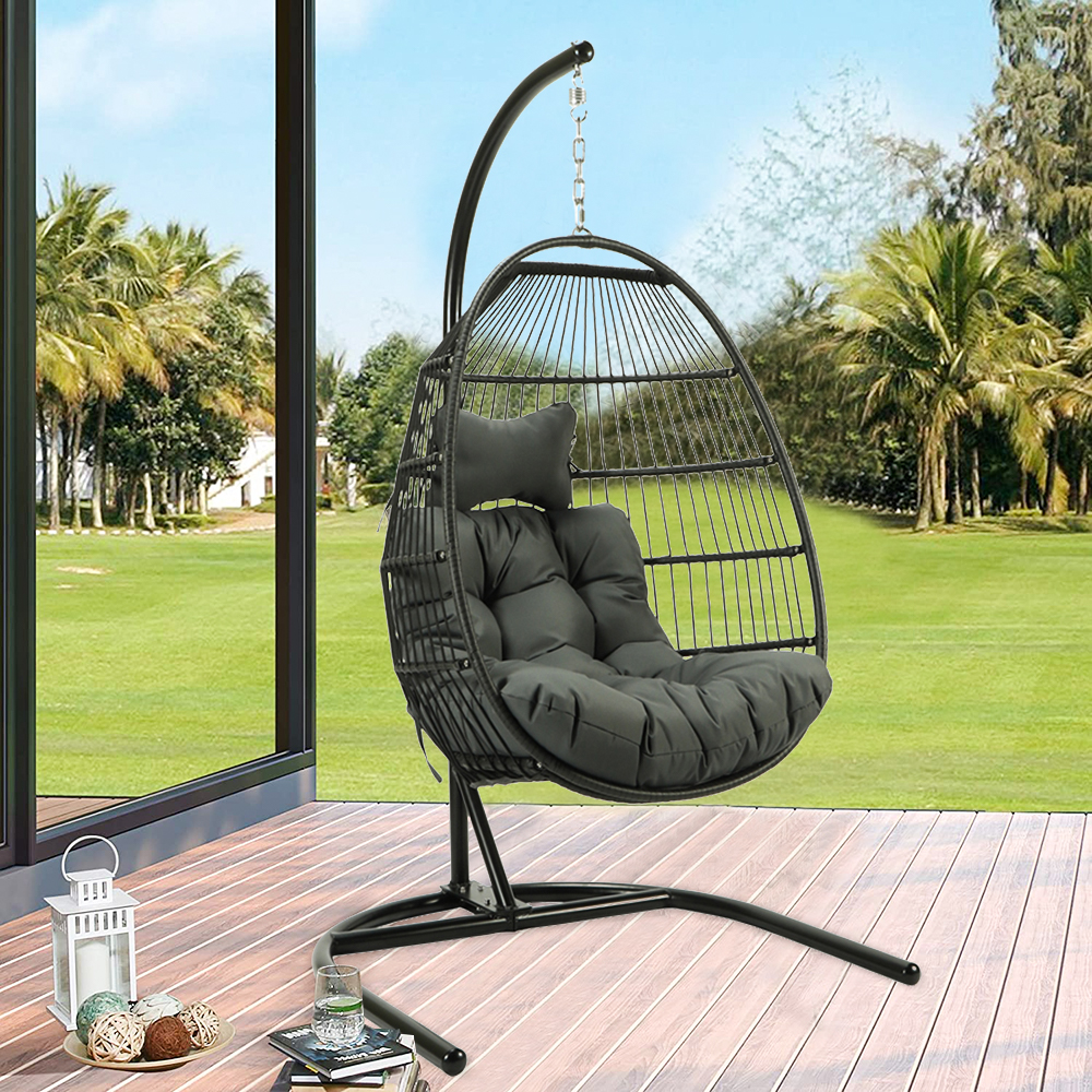 Patio Wicker Hanging Chair with Stand and Gray Cushion, Heavy Duty Hanging Egg Chair with Iron Frame, UV Resistant Outdoor Furniture Swing Chair with Headrest Pillow, Capacity of 240lbs, Q17156 - image 1 of 12