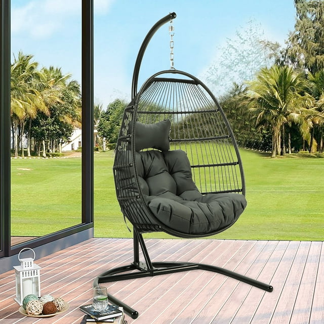 Patio Wicker Hanging Chair with Stand and Gray Cushion, Heavy Duty Hanging Egg Chair with Iron Frame, UV Resistant Outdoor Furniture Swing Chair with Headrest Pillow, Capacity of 240lbs, Q17156