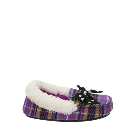 Dearfoams Girl's Plaid Moccasin with Polka Dot Bow Slippers