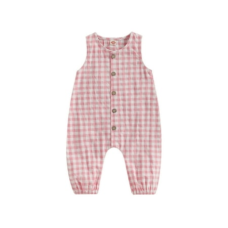 

Calsunbaby Toddler Baby Girls Summer Casual Romper Sleeveless O Neck Button Down Loose Plaid Jumpsuit Newbron-18M