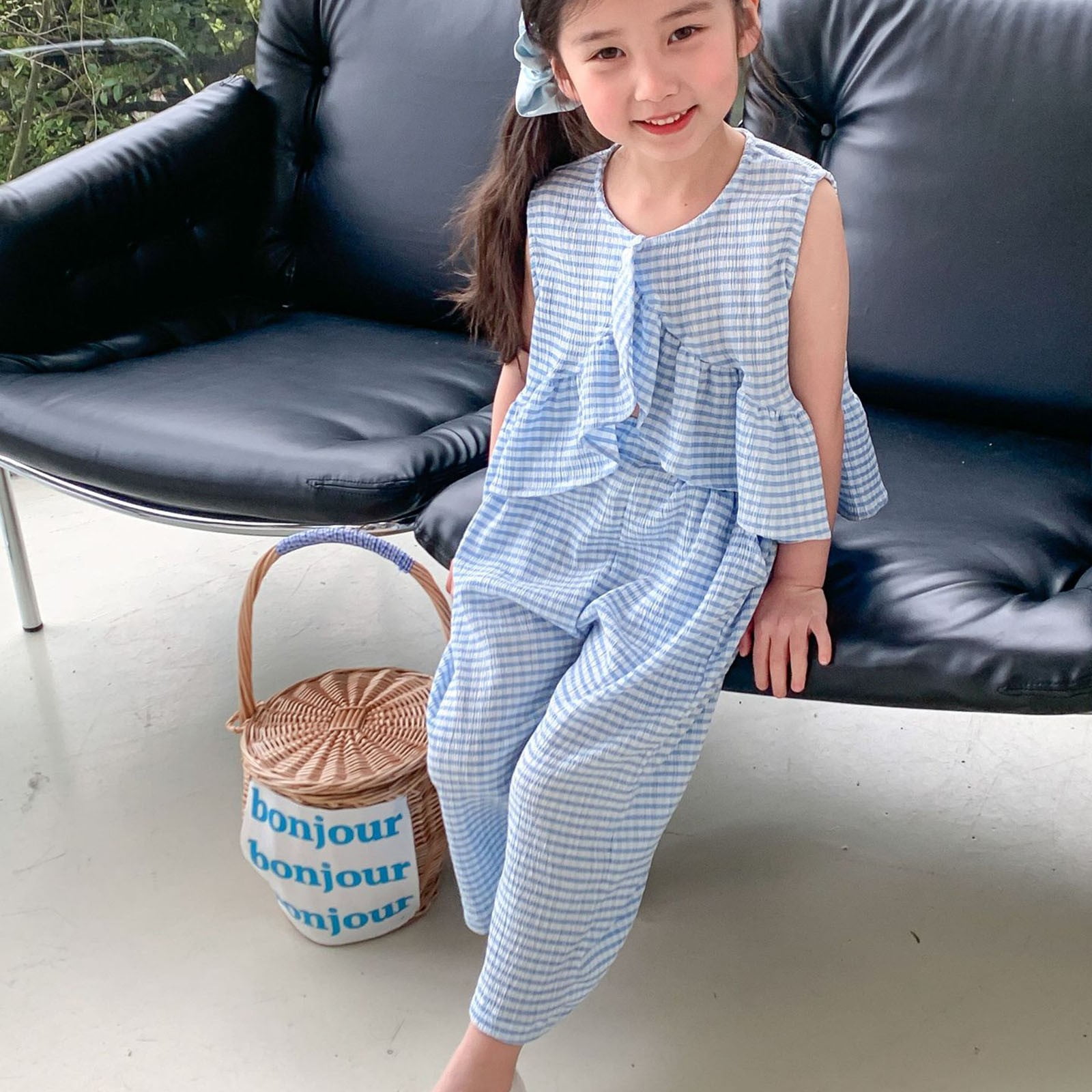 Big Kid Fille Vetements Bebe Filles Clothes Ensemble Ete Toddler Fille Coton Sans Manches a Carreaux Costume Doux et Confortable Tenue de Tous les