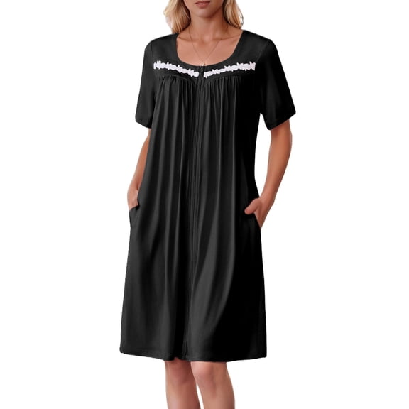 EKOUAER Women Zipper Robe Short Sleeves House Coat Zipper Front Bathrobe Sleepwear with Pockets Housecoat Nightgown