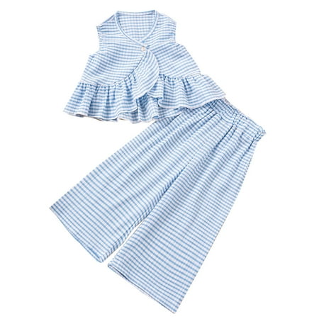 Toddler Girl Clothes 1-6 Years Girls Outfit Short Sleeve Ruffle Bowknot Top+Floral Wide Leg Pants 2Pcs Spring Summer Set Light Blue 3-4 Years