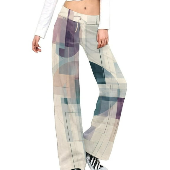 Colored Grid Geometry for Women Casual Lightweight Straight Leg Pants Comfy Women's Trousers