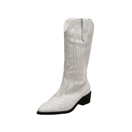 

Kesitin Ladies Fashion Chunky Heel Mid Calf Boot Work Anti Slip Shoes Casual Pointed Toe White 5