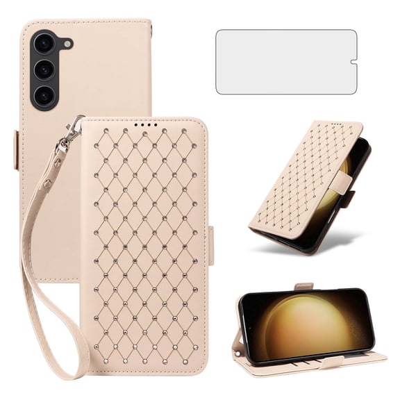 Asuwish Phone Case for Samsung Galaxy S23 Plus Wallet Case, Shiny Leather Wallet Cover with Wriststrap with 27 Card Holder Slots Kickstand Shockproof Case for Samsung Galaxy S23 Plus-Beige