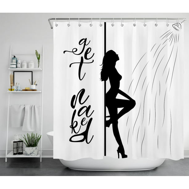 HVEST Get Naked Shower Curtain Decor, Sexy Girl Woman Shadow and Funny Word  Shower Curtain Adult Black White Bathroom Polyester Fabric Decorative  Curtain with Hooks, 72X72 